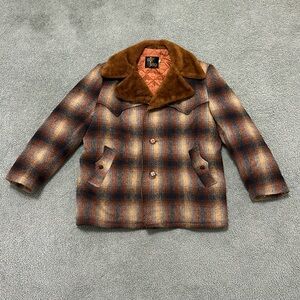 VTG 60s SIR JAC Shadow Plaid Faux Fur Lined Wool Pea Coat Mens 46